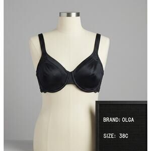 Vintage Olga 38C Bra Black Satin Second Skin Lace Underwire Style 33001 Sexy
